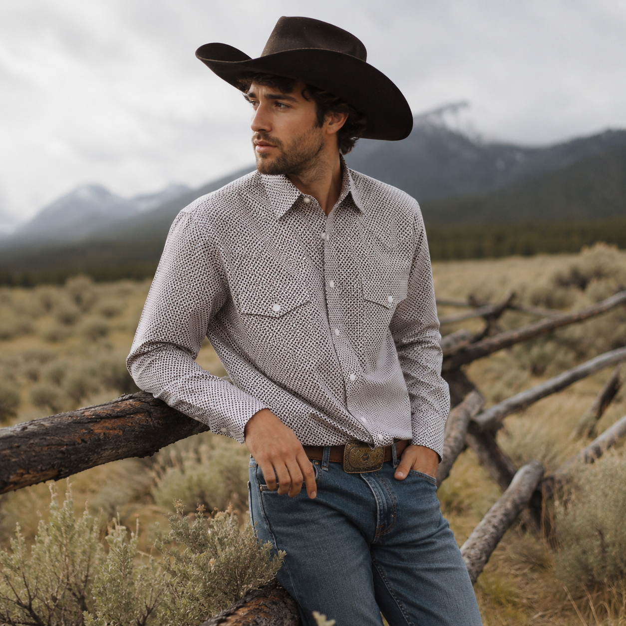 Cowboy Legend Men's White & Black Micro Print Pearl Snap Western Shirt