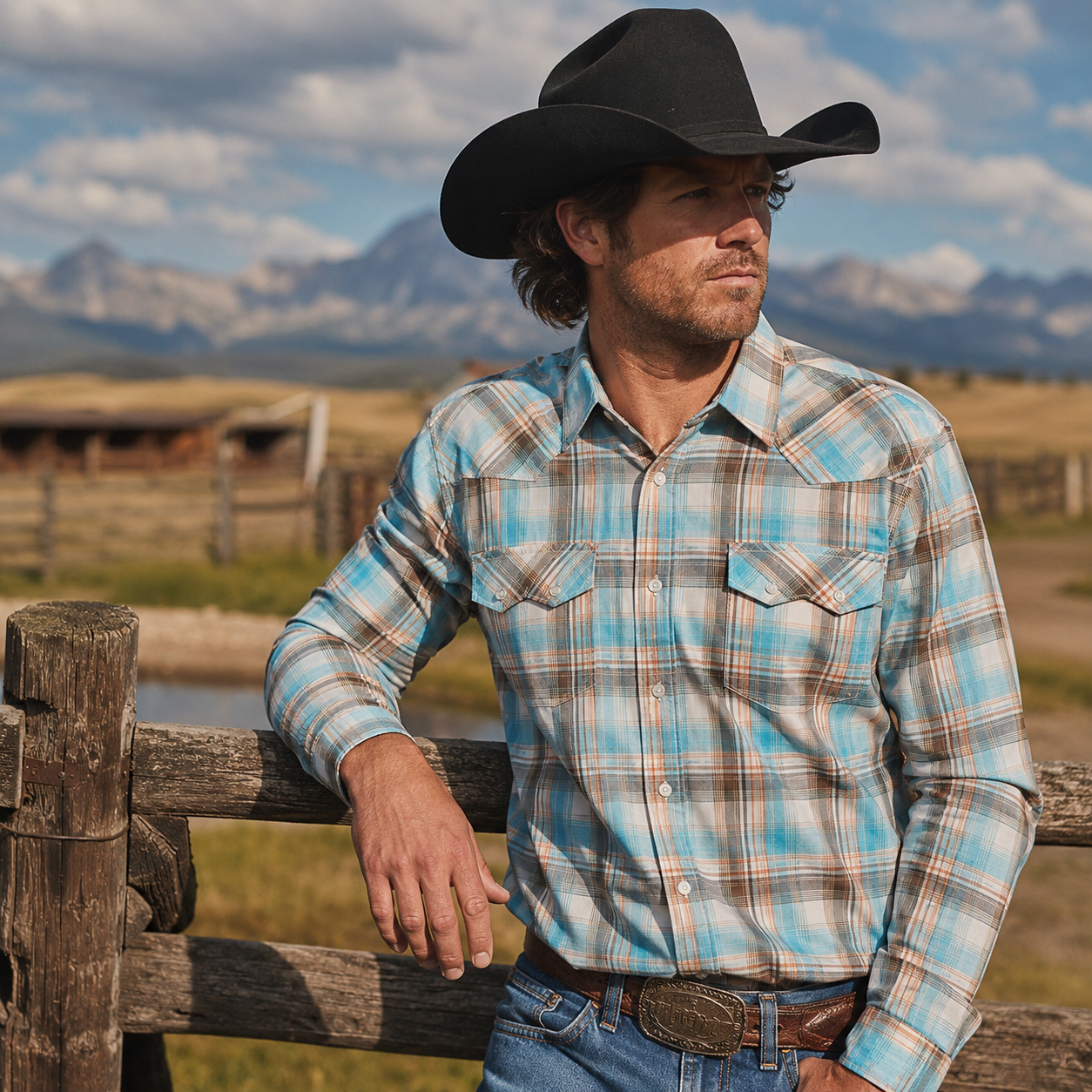 Cowboy Legend Men's Turquoise Plaid Pearl Snap Western Shirt