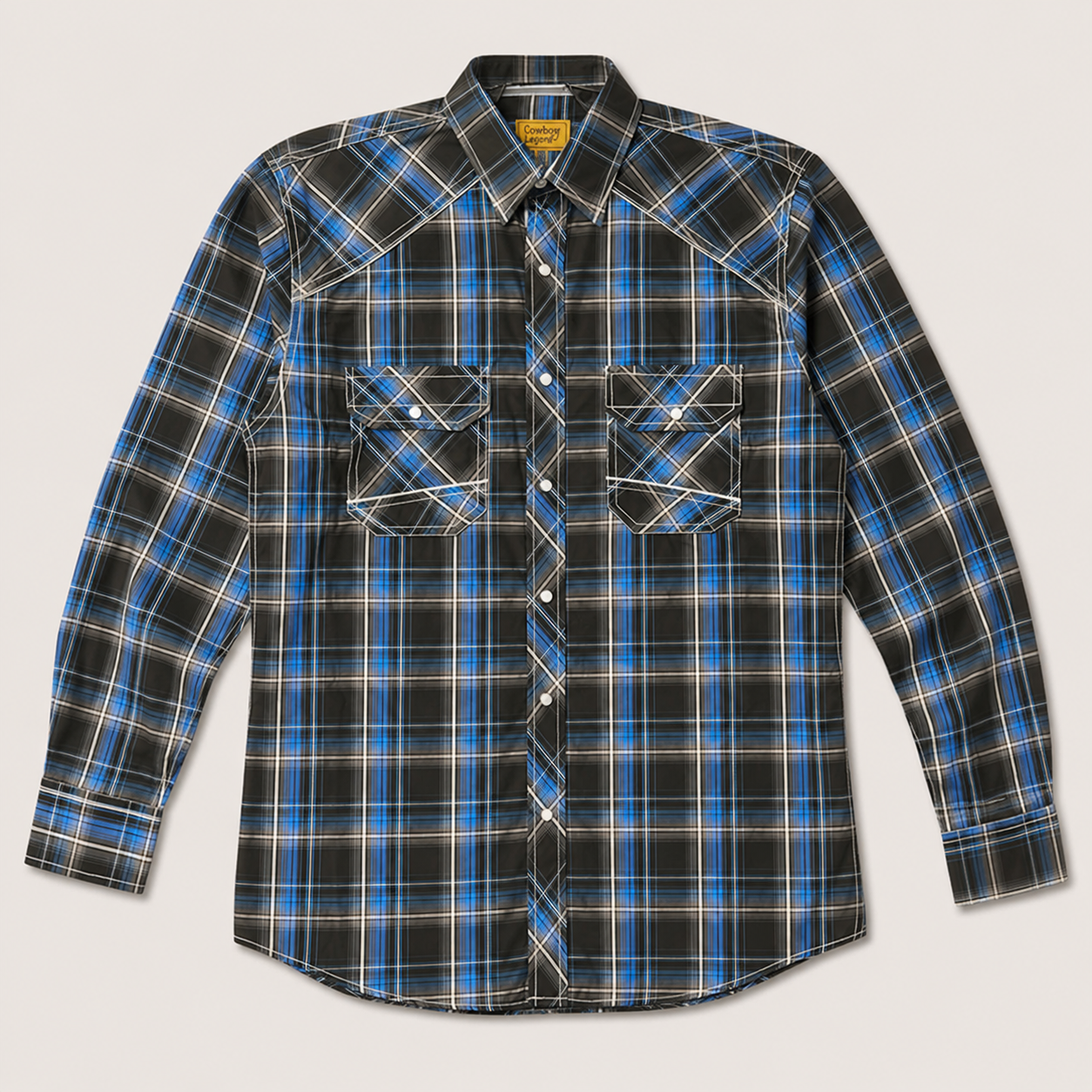 Cowboy Legend Men's Black & Royal Blue Plaid Pearl Snap Western Shirt