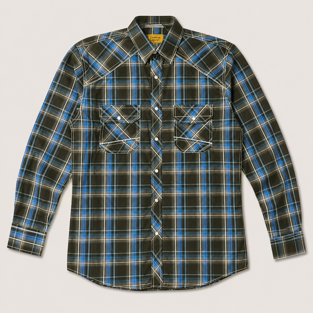 Men's Black Royal Blue Plaid Pearl Snap Long Sleeve Cowboy Western Shirt