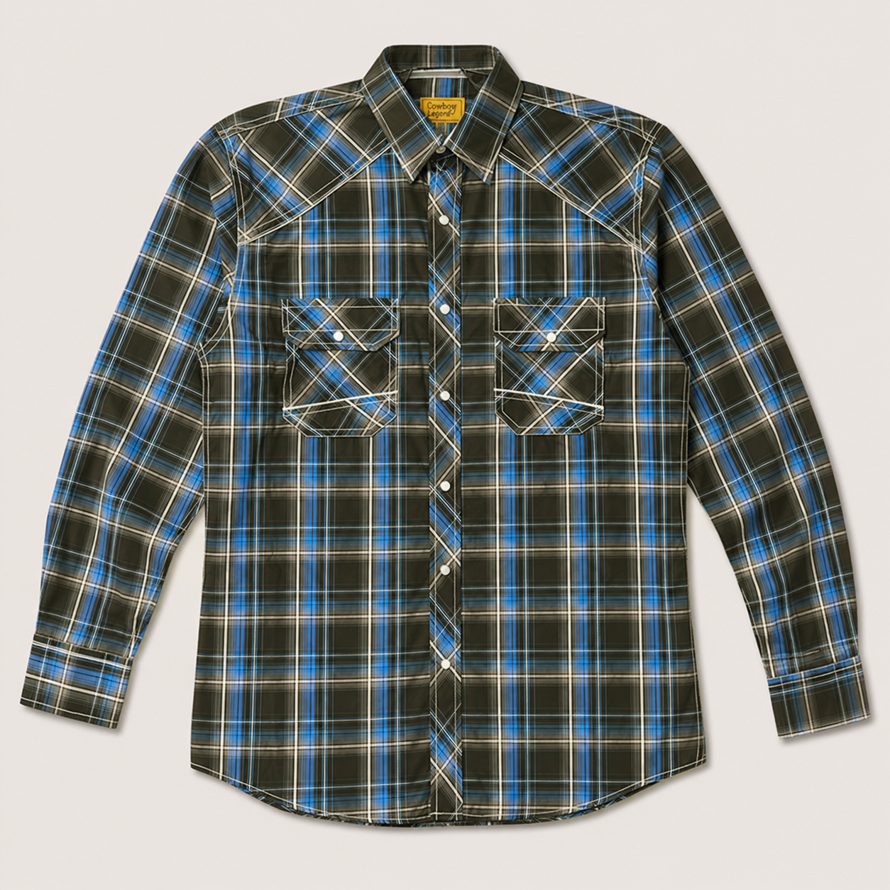 Men's Black Royal Blue Plaid Pearl Snap Long Sleeve Cowboy Western Shirt