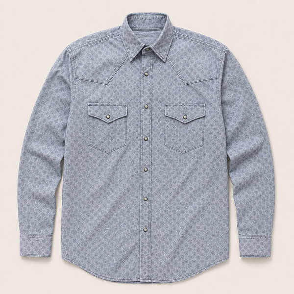 Cowboy Legend Light Grey Vintage Geo Print Western Snap Shirt