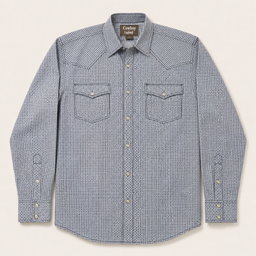 Men’s Long Sleeve Blue White Geo Cowboy Western Snap Shirt