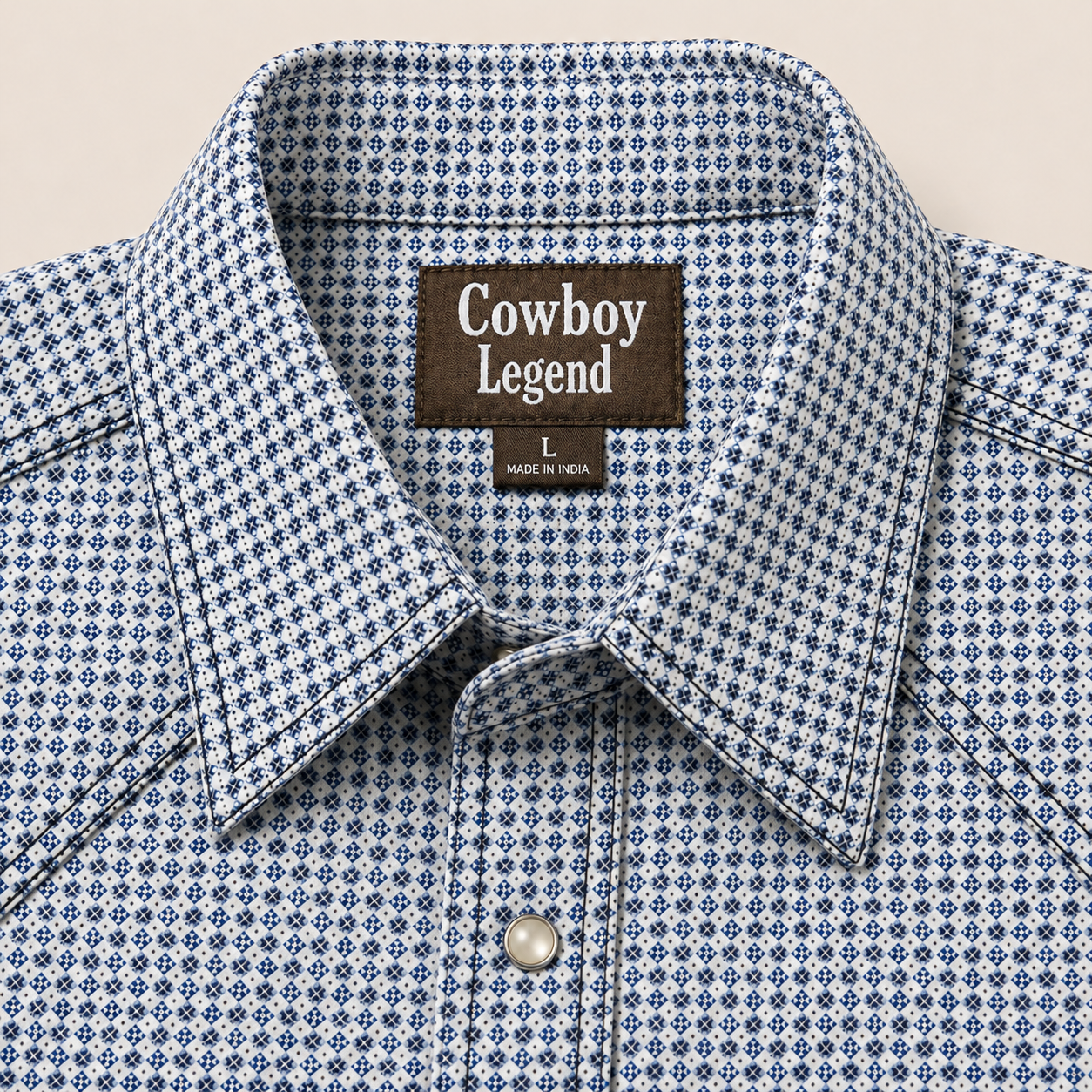 Men’s Long Sleeve Blue White Geo Cowboy Western Snap Shirt