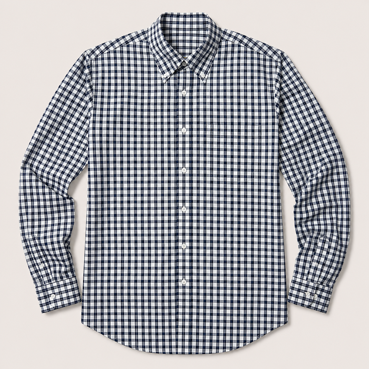 Men's Navy White Check Long Sleeve Button-Down Shirt