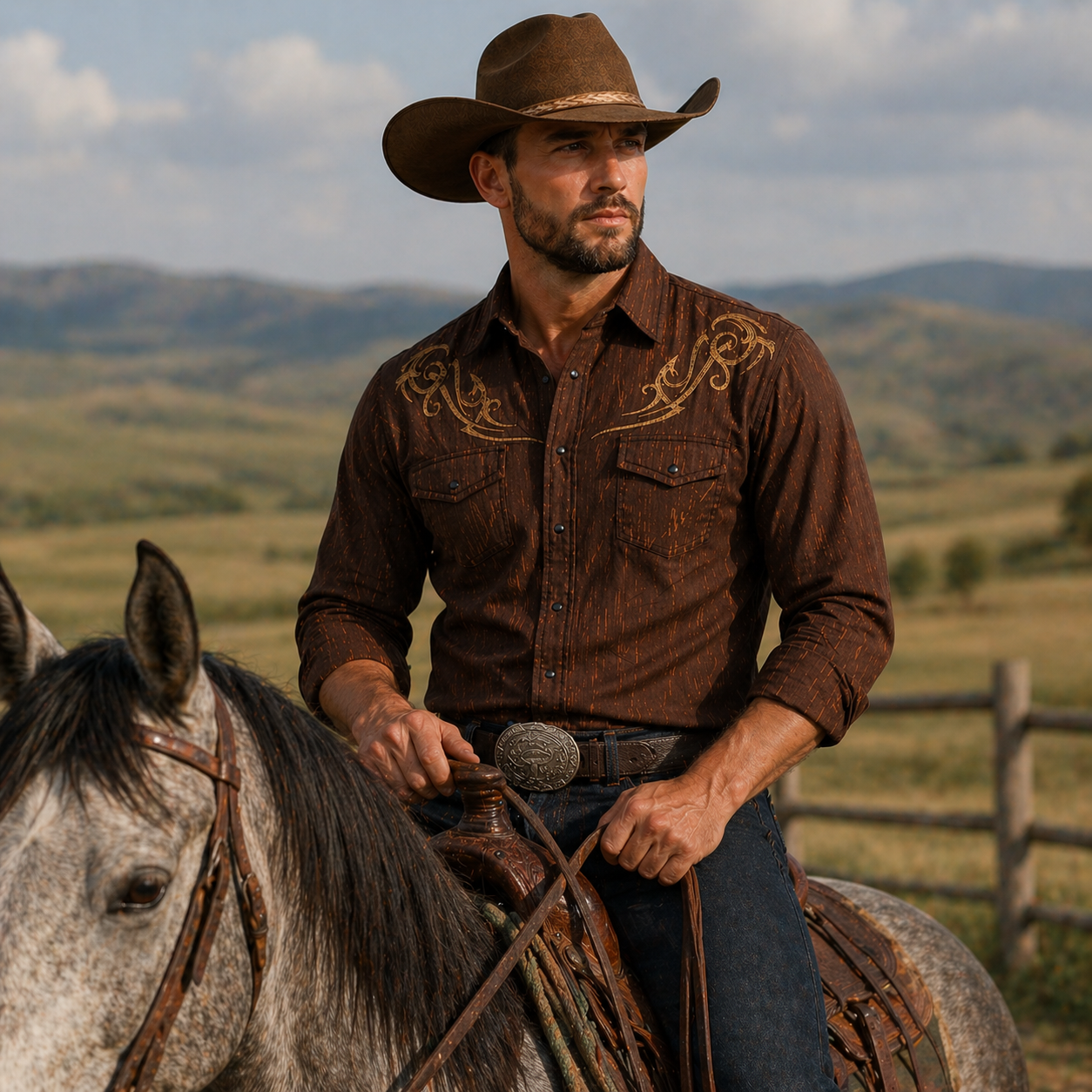 Men’s Brown Embroidered Long Sleeve Cowboy Western Snap Shirt