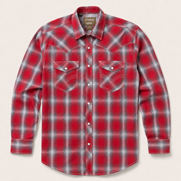Men's Red Hombre Plaid Long Sleeve Snap Buttons Shirt