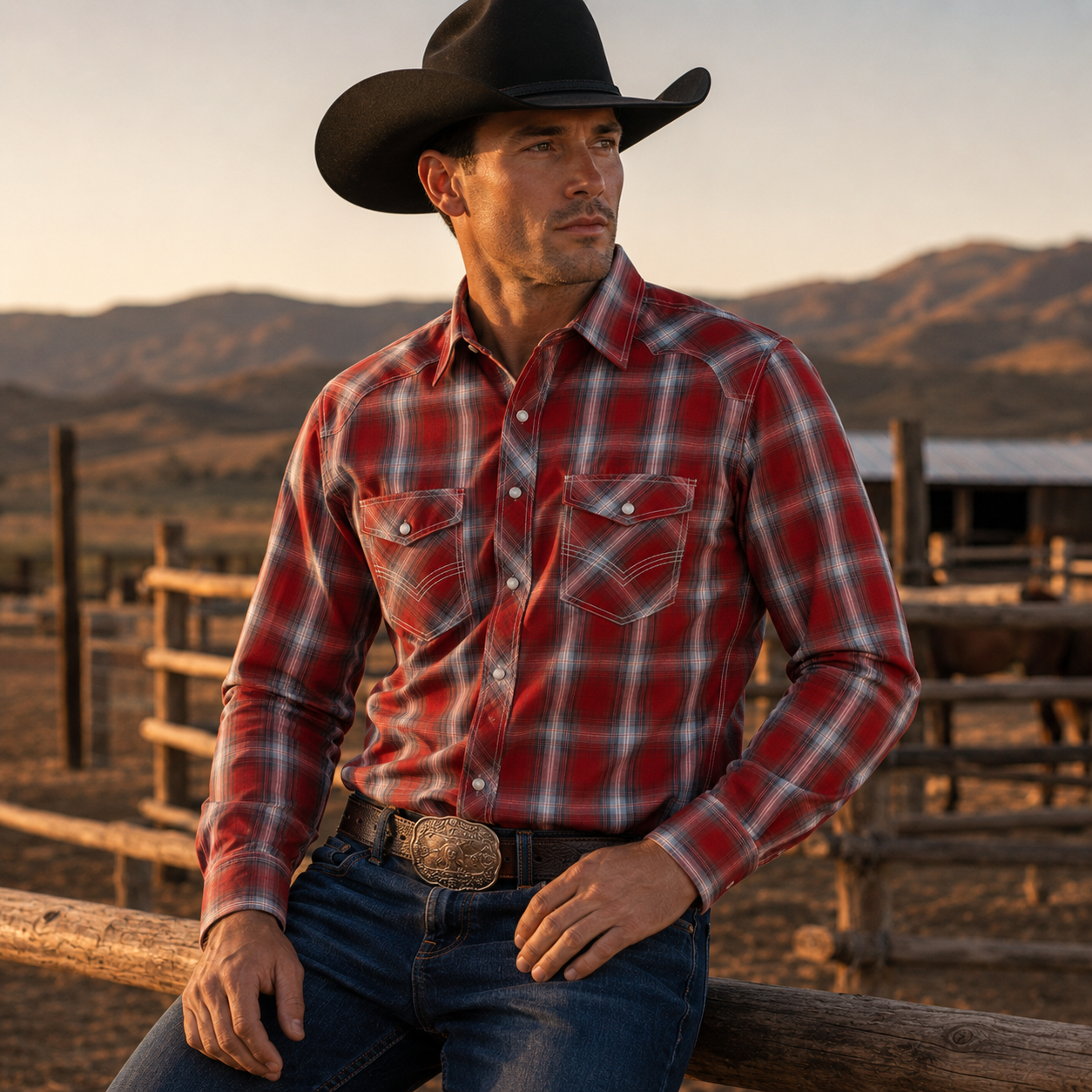Men’s Red Plaid Long Sleeve Cowboy Western Snap Shirt