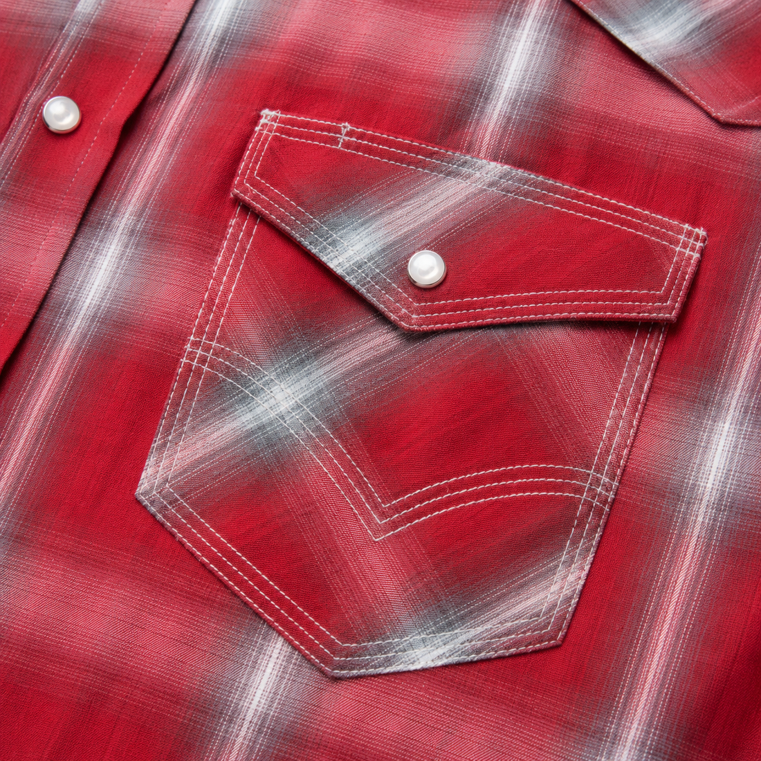 Men's Red Hombre Plaid Long Sleeve Snap Buttons Shirt