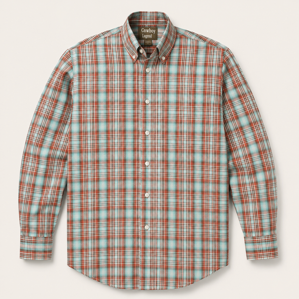 Men's Short Sleeve Turquoise Plaid  Button Down Collar Shirt