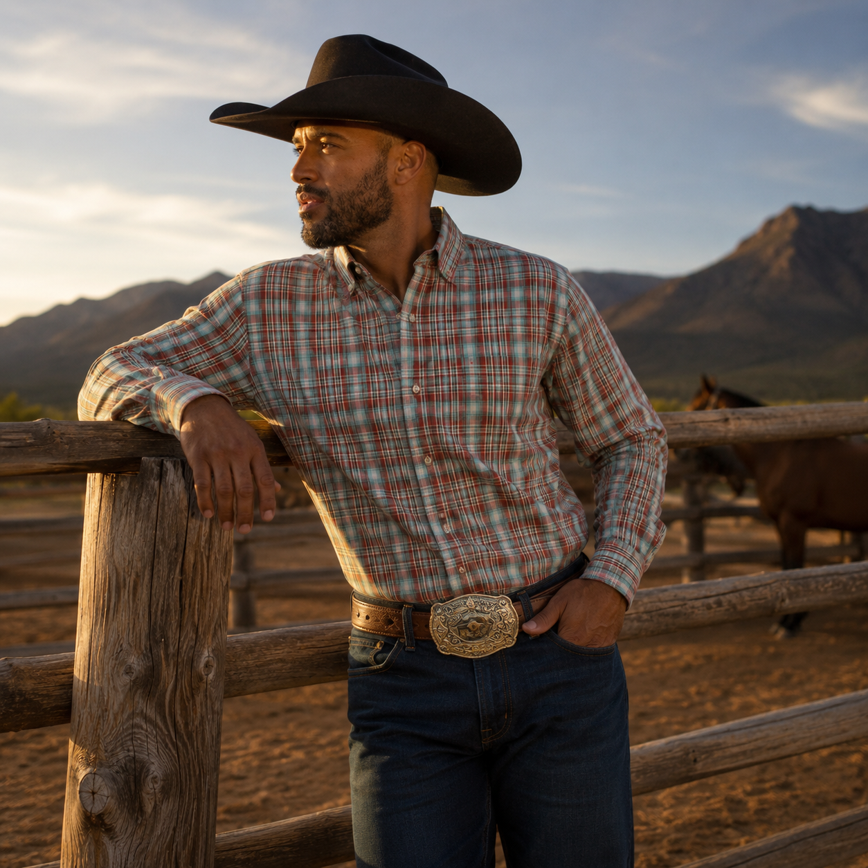 Men’s Long Sleeve Turquoise Plaid Button Down Western Shirt