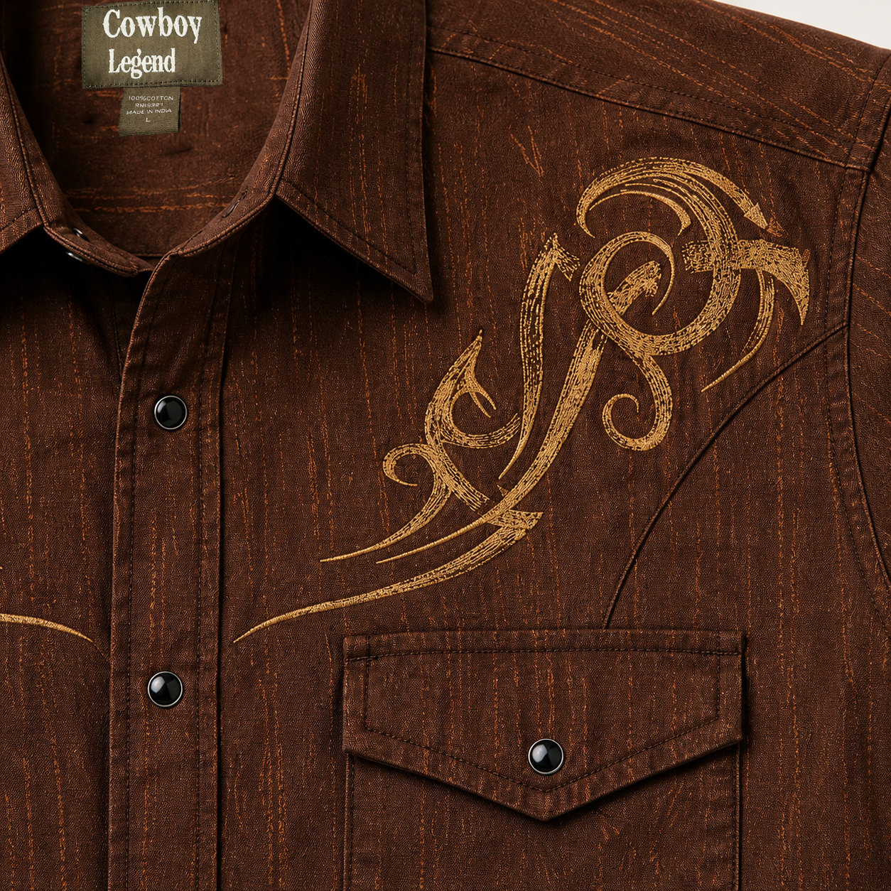 Men’s Brown Embroidered Long Sleeve Cowboy Western Snap Shirt