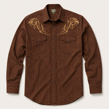 Men’s Brown Embroidered Long Sleeve Cowboy Western Snap Shirt