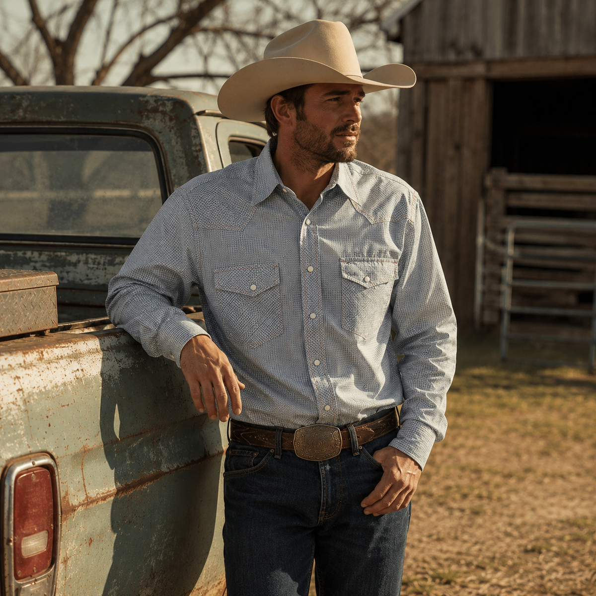 Men's White Plaid Western Shirt Look