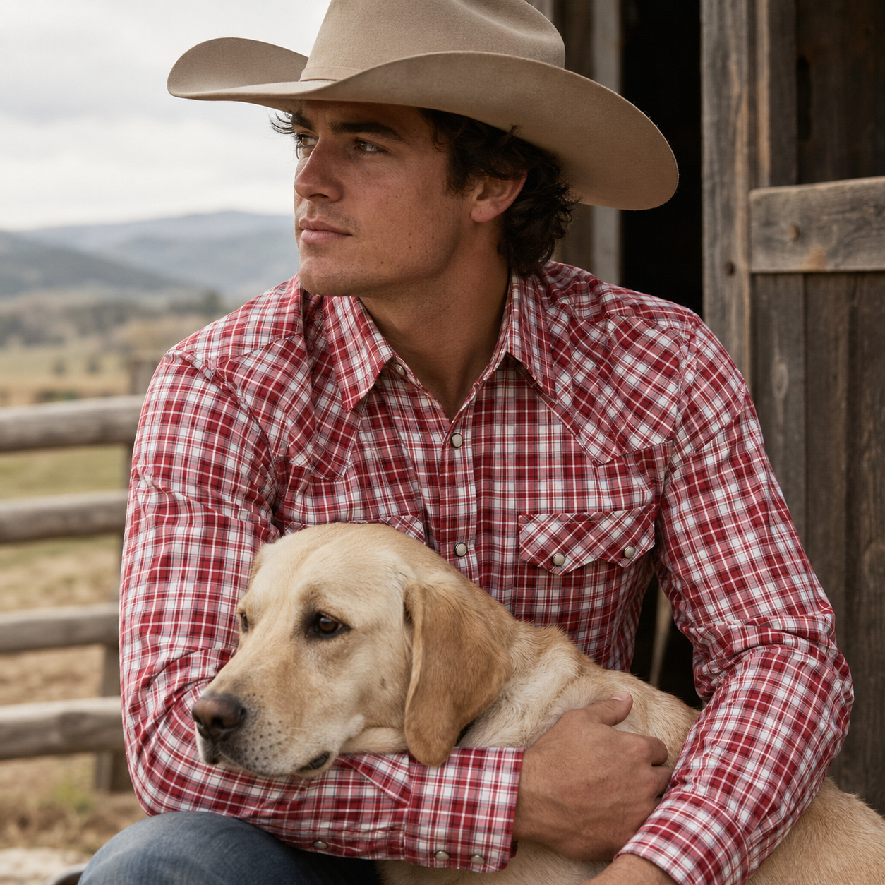 Men’s Red & White Plaid Cowboy Western Snap Shirt
