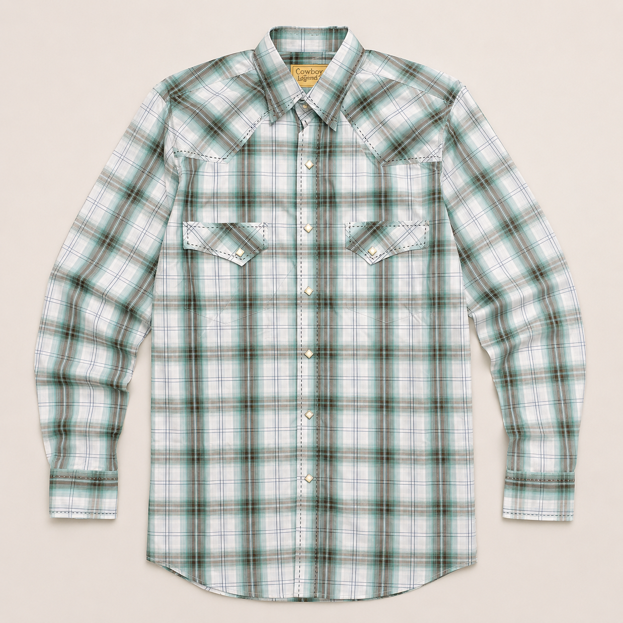 Cowboy Legend Men's Mint Plaid Pearl Snap Western Shirt