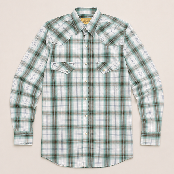 Cowboy Legend Men's Mint Plaid Pearl Snap Western Shirt