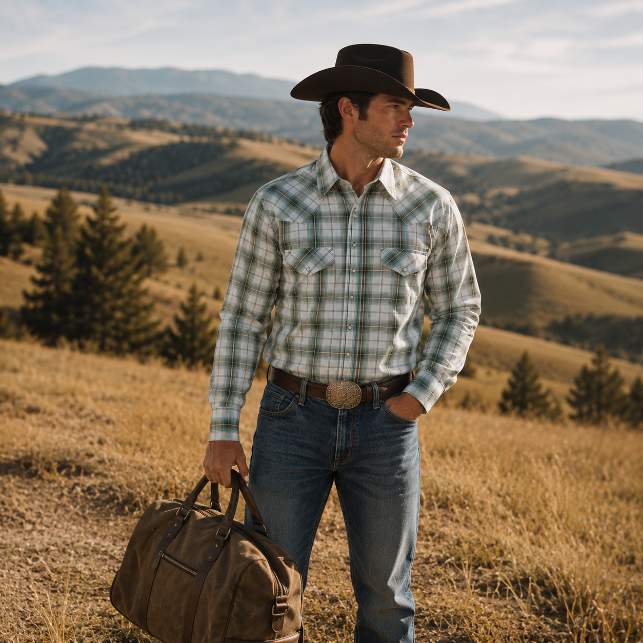 Cowboy Legend Men's Mint Plaid Pearl Snap Western Shirt
