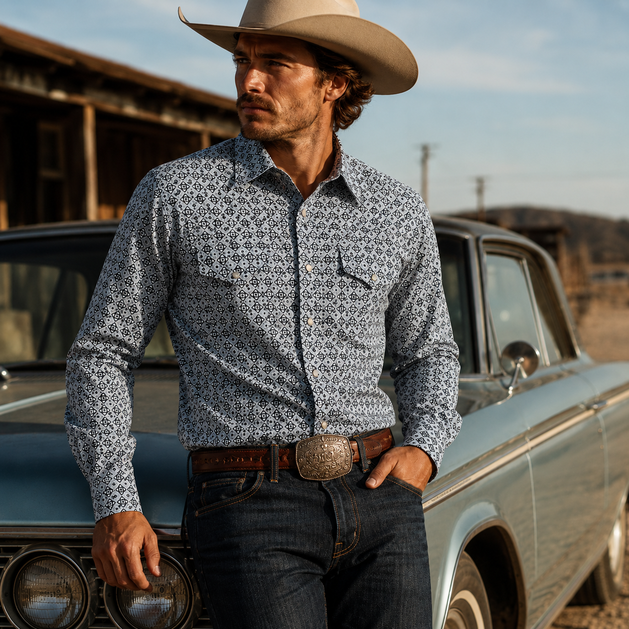 Cowboy Legend Light Blue/Black Medallion Print Western Snap Shirt