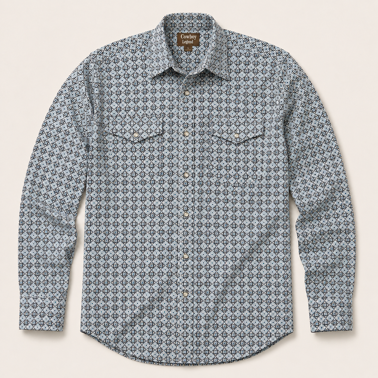 Cowboy Legend Light Blue/Black Medallion Print Western Snap Shirt