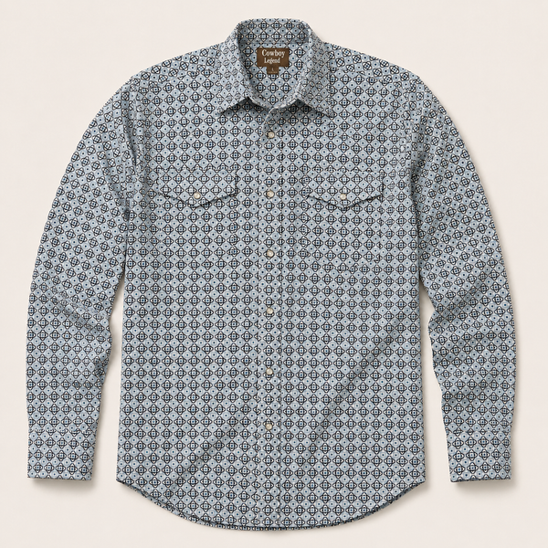 Cowboy Legend Light Blue/Black Medallion Print Western Snap Shirt