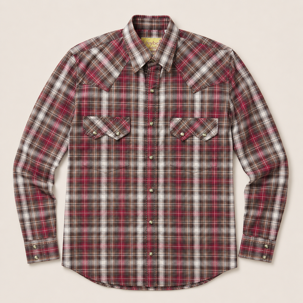 Men's Red & Brown Plaid Long Sleeve Cowboy Western Snap Shirt