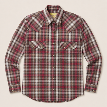 Men's Red & Brown Plaid Long Sleeve Cowboy Western Snap Shirt