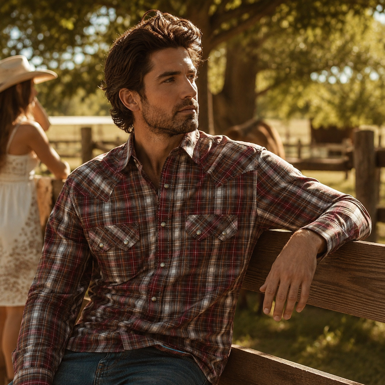 Men's Red & Brown Plaid Long Sleeve Cowboy Western Snap Shirt