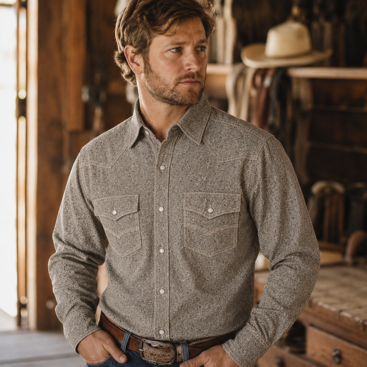 Cowboy Legend Men's Charcoal Grey Paisley Pearl Snap Western Shirt