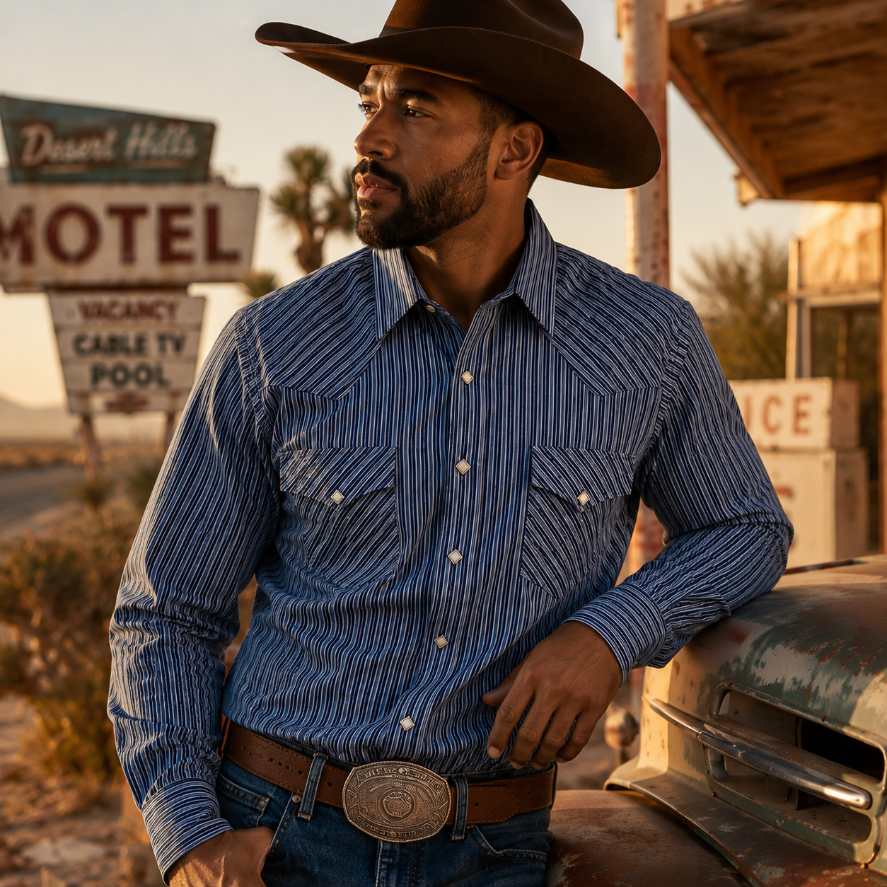Men's Blue Stripe Long Sleeve Cowboy Western Snap Shirt