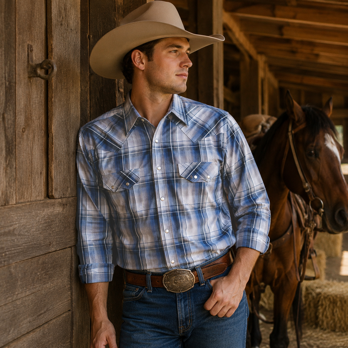 Men's Blue Ombre Plaid Western Shirt Barn Lifestyle Look