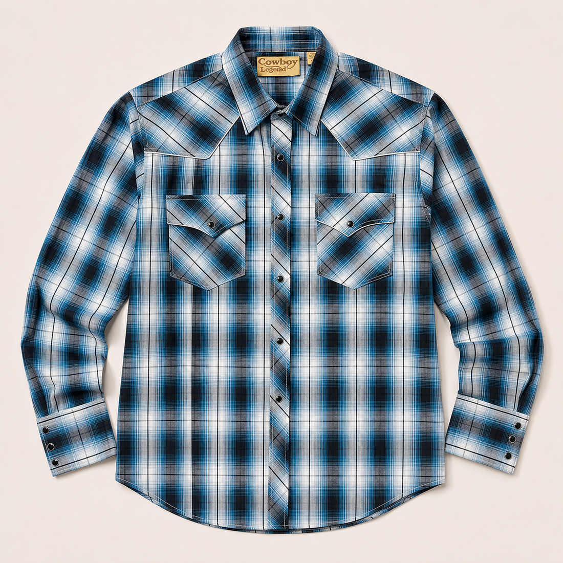 Men's Blue Plaid Long Sleeve Western Snap Shirt Front View