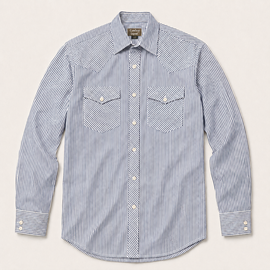 Men's Blue and White Vertical Striped Long Sleeve Western Snap Shirt Front View