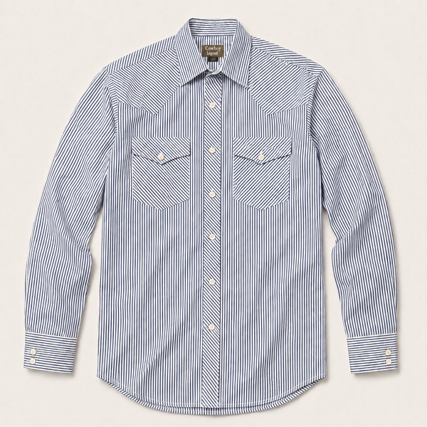 Men's Blue and White Vertical Striped Long Sleeve Western Snap Shirt Front View