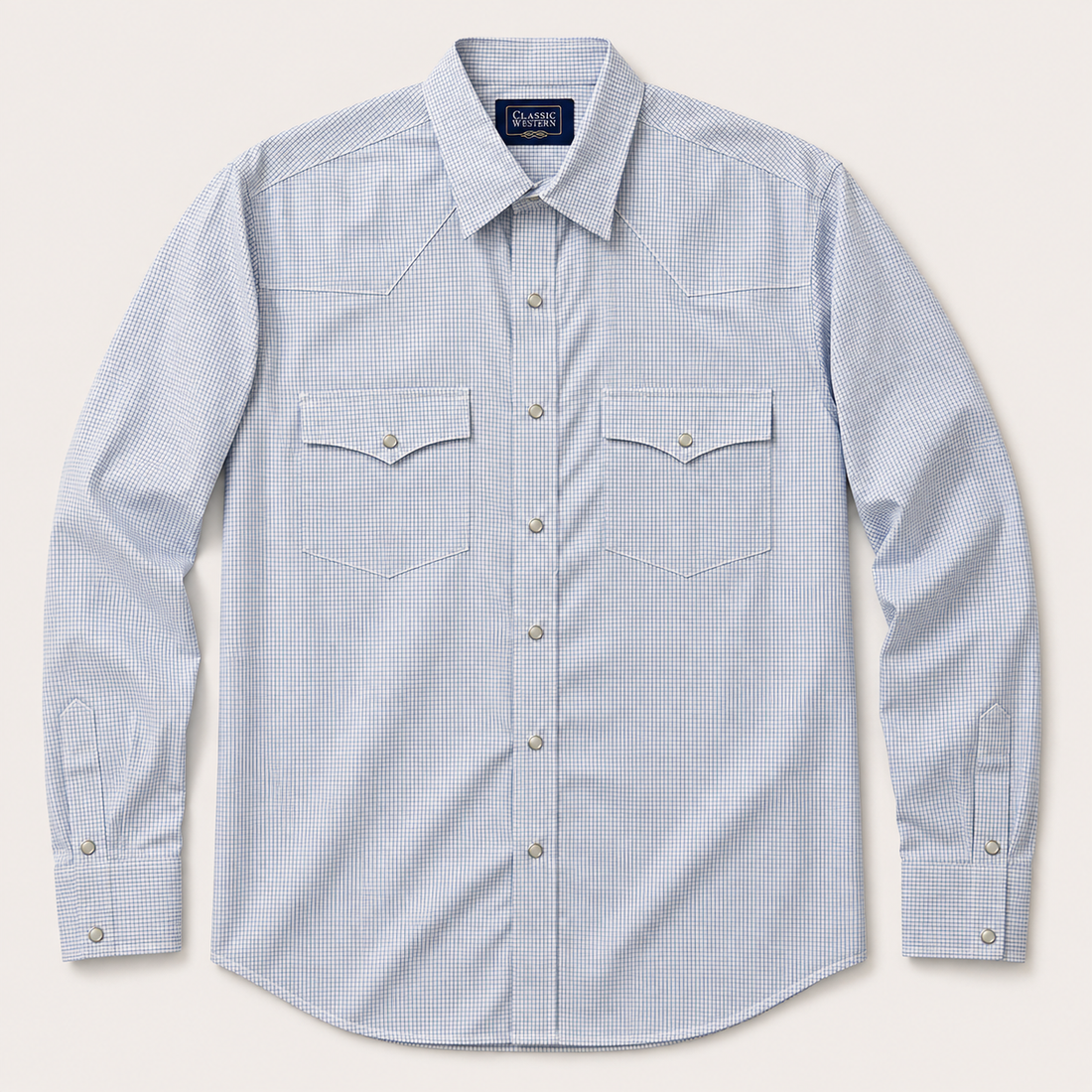 Men's Light Blue Check Western Snap Shirt Front View