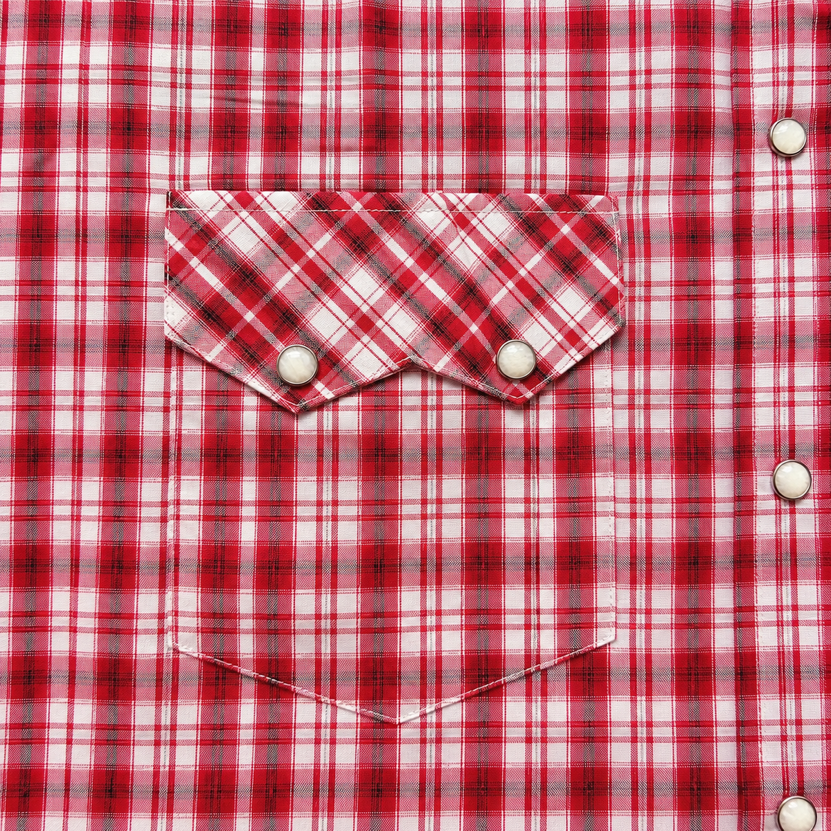 Men's Red and White Plaid Western Shirt Flap Pocket