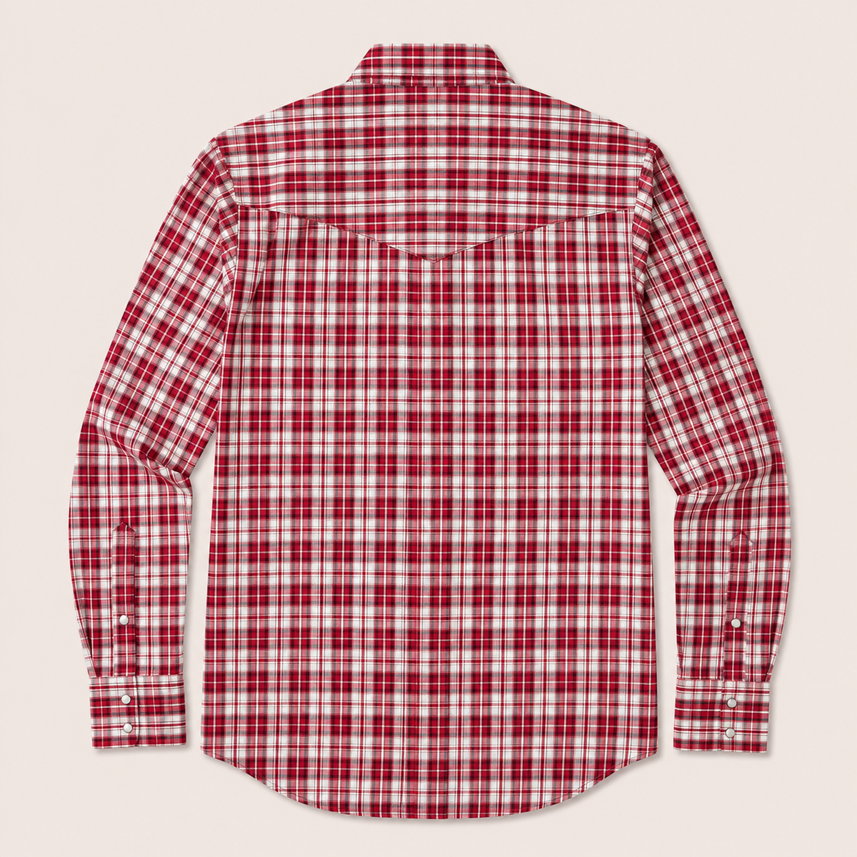 Men's Red and White Plaid Long Sleeve Western Snap Shirt Back View